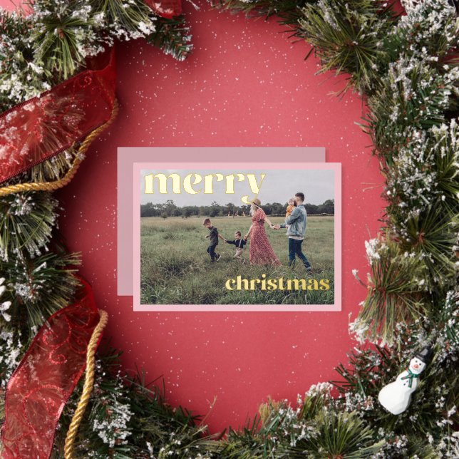 Carte photo rose à motif feuille d'or Joyeux Noël (Insitu)