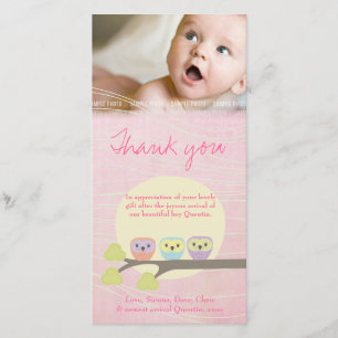 Carte photo rose de Merci de bébé de hiboux