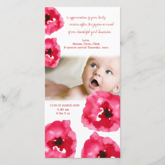 Carte photo rouge de Merci de naissance de bébé de