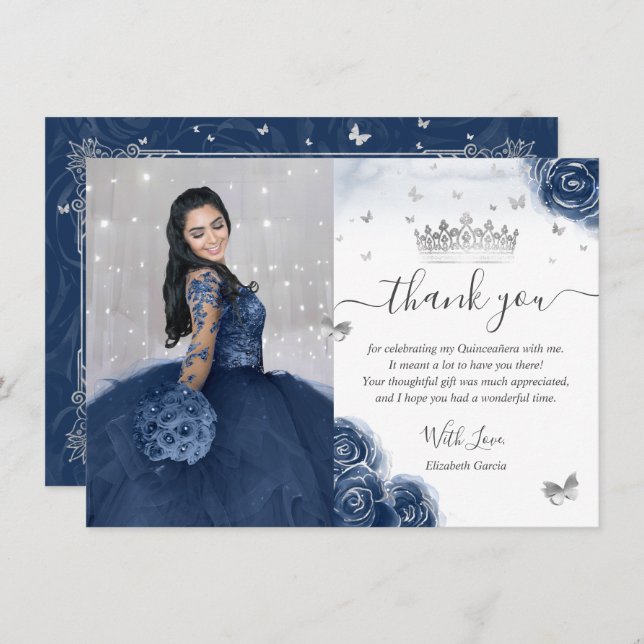 Carte Photo Silver Navy Blue Quinceanera Flat Merci (Devant / Derrière)