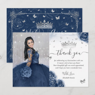 Carte Photo Silver Navy Blue Quinceanera Flat Merci