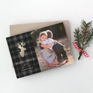 Carte photo Soft Grey Plaid Golden Deer Christmas