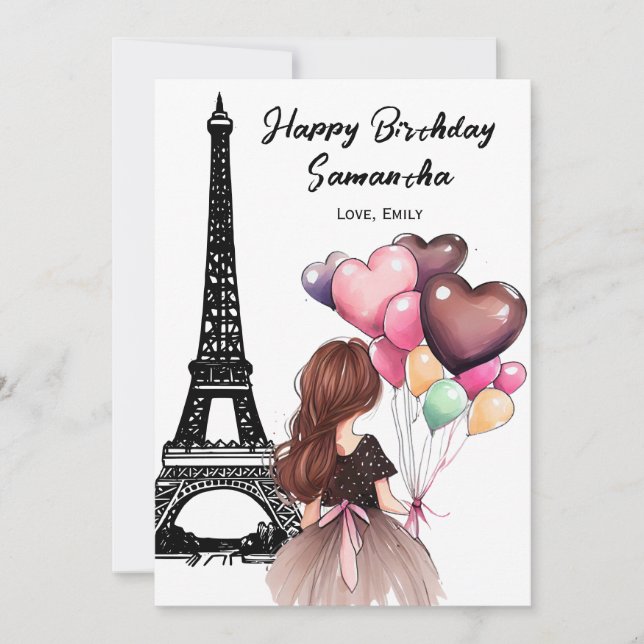 Carte Photo Tour Eiffel Chic, Ballons Coeurs Anniversair (Devant)