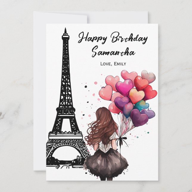 Carte Photo Tour Eiffel Chic, Ballons Coeurs Anniversair (Devant)