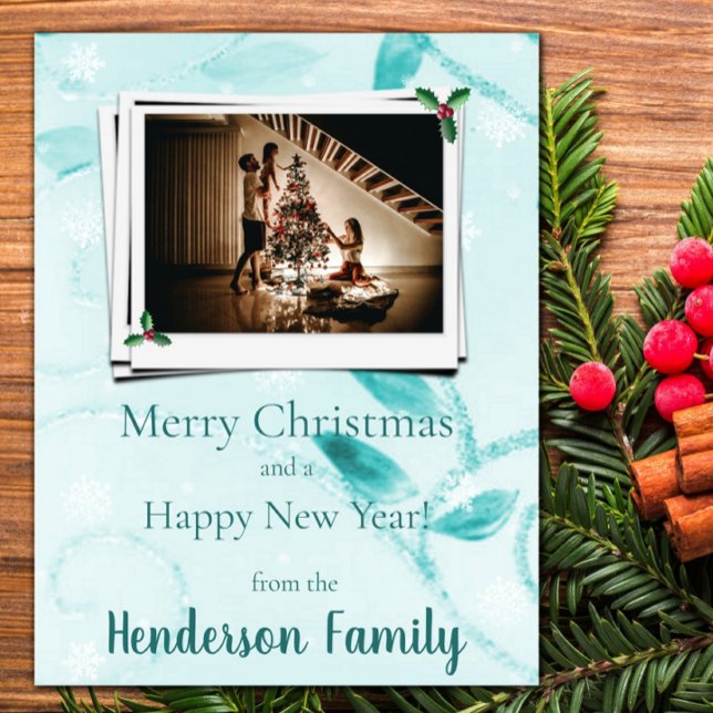 Carte photo turquoise Feuille Appartement (Teal Leaves Flat Holiday Photo Card)