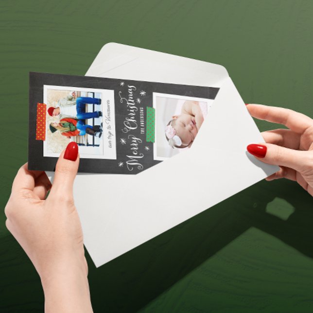 Carte photo Washi et Chalkboard vertical (Skinny two-photo Christmas card with red and green Washi tape and chalkboard lettering)