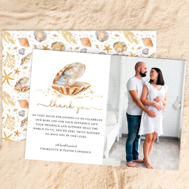 Carte photo Watercolor Ocean Little Pearl (Summer Photo Baby Shower Thank You Card)