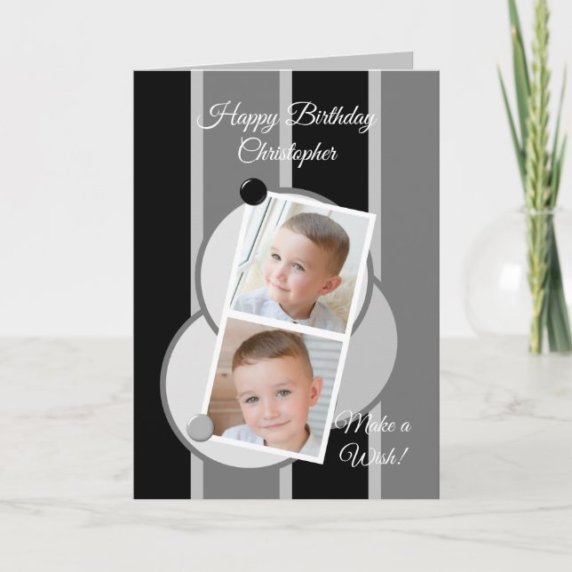 Carte Photos Gris noir et blanc rayures anniversaire (Devant)