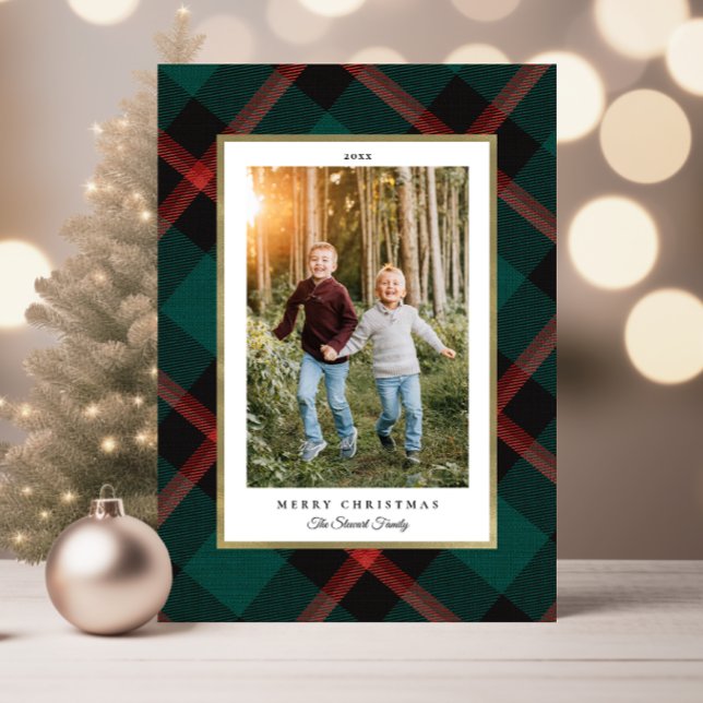 Carte Photos pliées rouge et vert plaid Noël (Folded Red and Green Plaid Christmas Photo Card)
