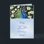 Carte Pic et Fleurs<br><div class="desc">La partie supérieure de cette élégante carte de voeux d'anniversaire comporte un paon avec des fleurs blanches.La partie inférieure est composée d'un champ de texte métallique bleu et d'un texte d'anniversaire personnalisé dans un élégant script manuscrit combiné à une police artistique moderne. À l'intérieur est un texte d'anniversaire personnalisé que...</div>