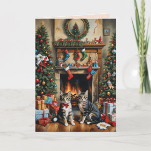 Carte Pièce décorée de façon festive, cheminée, chats, v