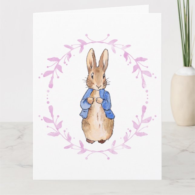 Carte Pierre le lapin avec la feuille rose Wreath (Devant)