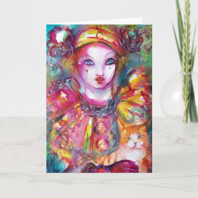 Carte Pierrot avec Chat  / Masques de Mascarade Vénitien (Devant)