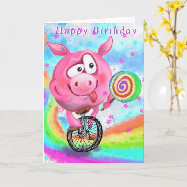 Carte Pig Cyclist avec Lollipop Funny Birthday Card (Fleur jaune)