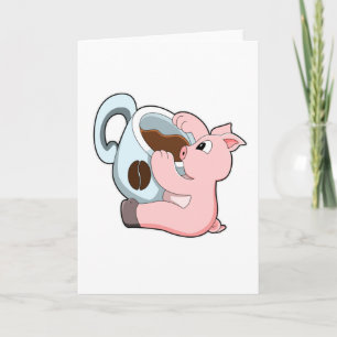 Carte Pig with Cup of Coffee