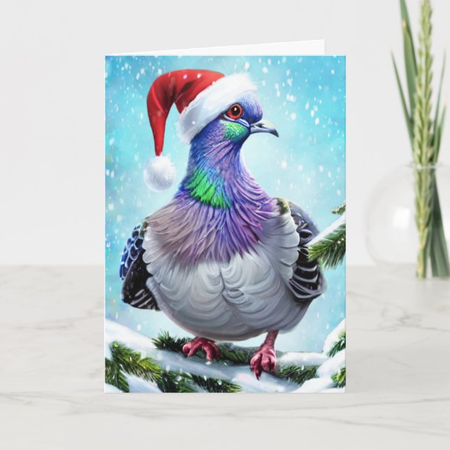 Carte Pigeon au chapeau de Père Noël dans la neige qui t (Devant)