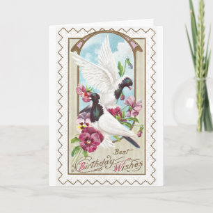 Carte Pigeons et Pansies Anniversaire Vintage