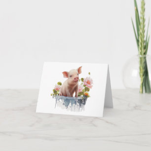 Carte Piglet mignon avec eau et fleurs BLANC