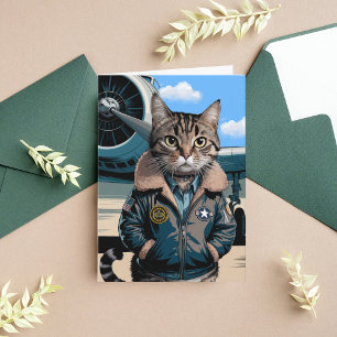 Carte Pilote de chat drôle et avion, anniversaire d'avia