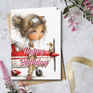 Carte Pilote fille d'anniversaire copilote chien & avion