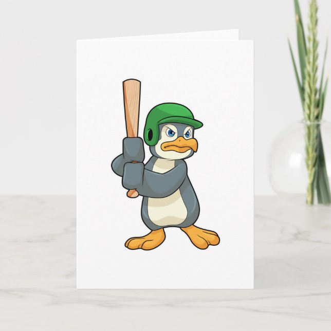 Carte Pingouin au baseball avec batte et casque de baseb (Devant)