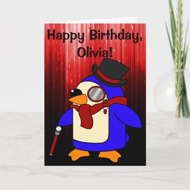 Carte Pingouin d'anniversaire Noir et Rouge personnalisa (Devant)