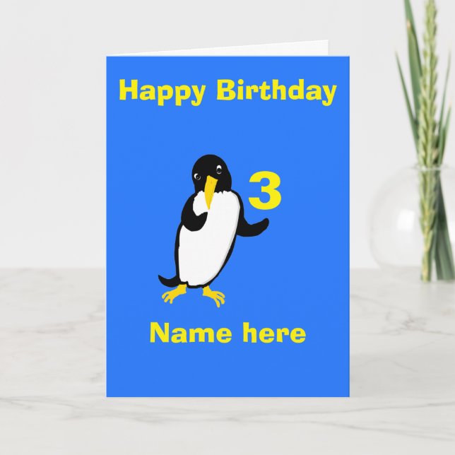 Carte Pingouin drôle Anniversaire, ajouter le nom âge av (Devant)