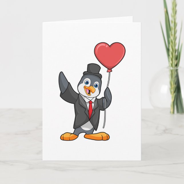 Carte Pingouin en salle avec ballon de coeur (Devant)