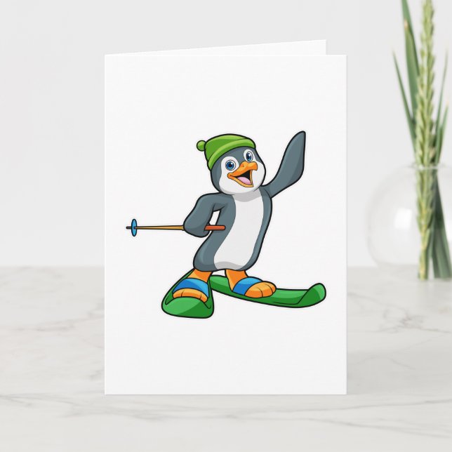 Carte Pingouin en skieur avec ski et casquette (Devant)