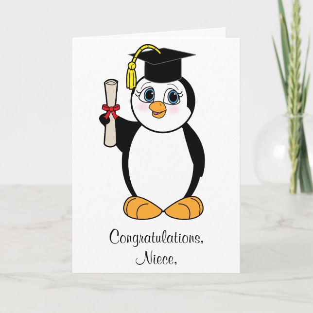 Carte Pingouin personnalisable d'obtention du diplôme de (Devant)