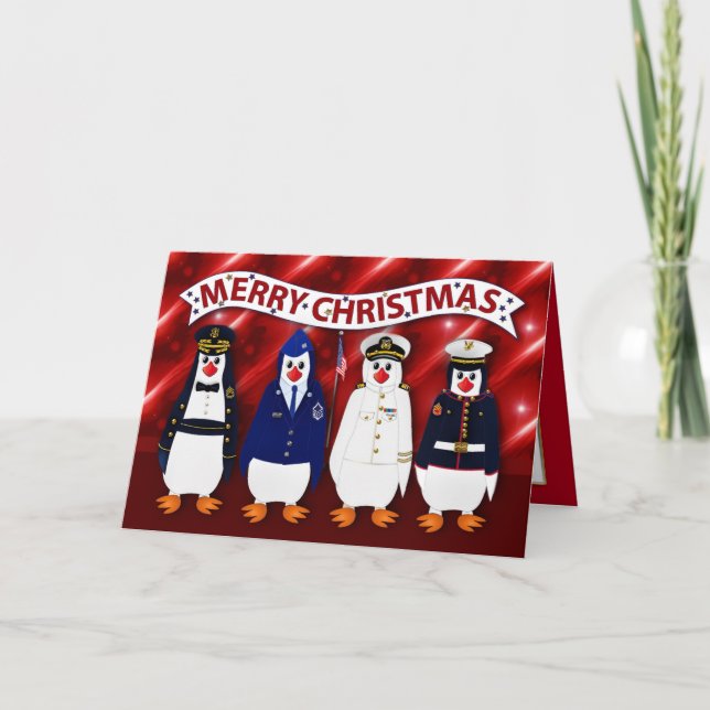 Carte Pingouins militaires de Noël 4 Branches Uniformes  (Devant)