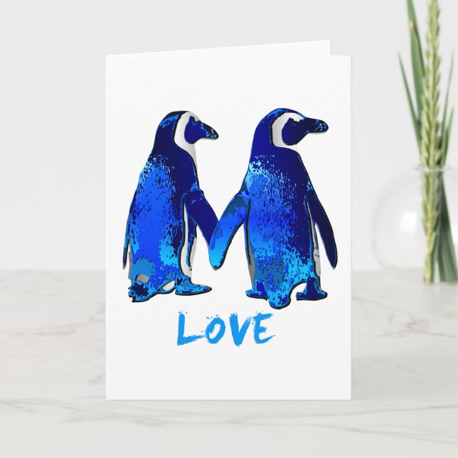 Carte Pingouins tenant la conception d'amour de mains (Devant)