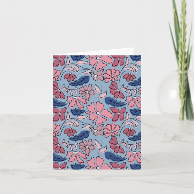 Carte Pink and Blue Hand Drake Floral Block Print (Devant)