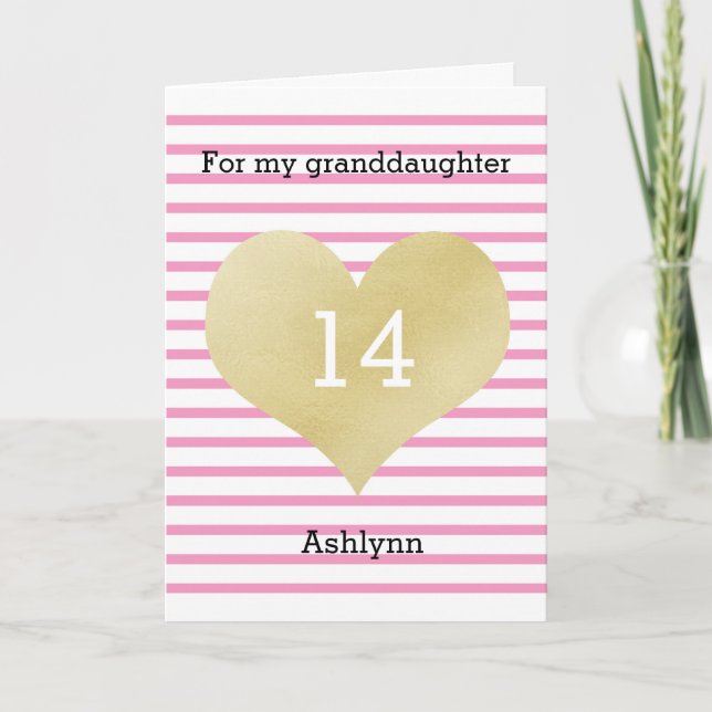Carte Pink and Gold Joyeux 14e anniversaire petite-fille (Devant)