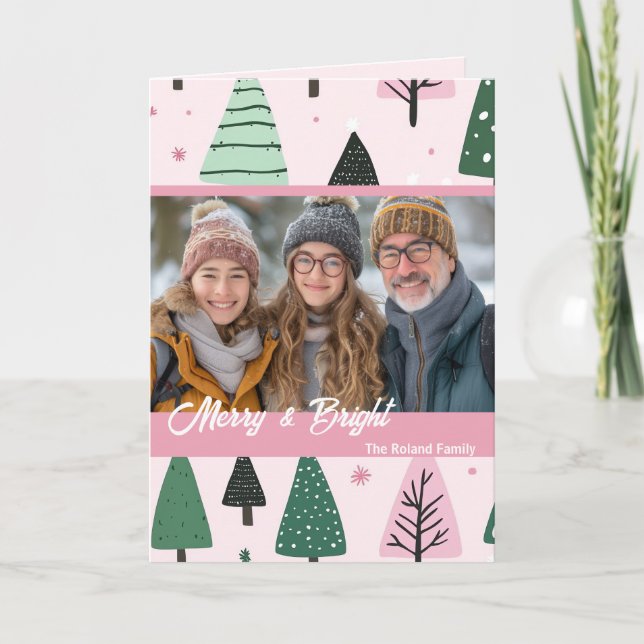Carte Pink and Green Preppy Christmas Tree Photo de vaca (Devant)