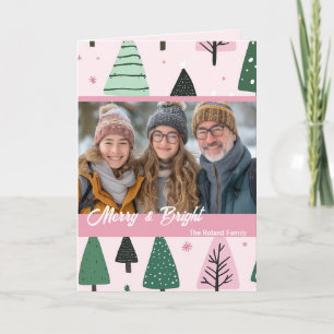 Carte Pink and Green Preppy Christmas Tree Photo de vaca