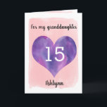 Carte Pink and Purple 15th Birthday Granddaughter<br><div class="desc">A water color pink and purple 15th birthday granddaughter card, which features a water color heart against pink water color. You can personalize the heart with the age you need and add her name underneath the heart. The inside message can be easily edited if wanted. The back of the card...</div>