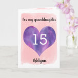 Carte Pink and Purple 15th Birthday Granddaughter<br><div class="desc">A water color pink and purple 15th birthday granddaughter card, which features a water color heart against pink water color. You can personalize the heart with the age you need and add her name underneath the heart. The inside message can be easily edited if wanted. The back of the card...</div>
