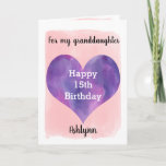 Carte Pink and Purple Happy 15th Birthday Granddaughter<br><div class="desc">A pretty purple and pink 15th birthday granddaughter card that features a watercolor heart against a pretty pink watercolor, which you can personalize underneath the heart with her name. The inside of this watercolors birthday card reads a heartfelt sentiment, which an be easily personalized. The back features the heart along...</div>