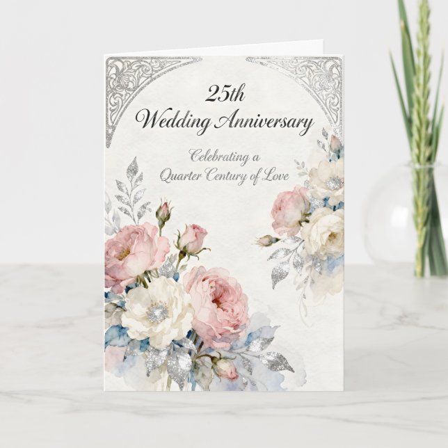 Carte Pink and White Flowers 25th Wedding Anniversary (Devant)