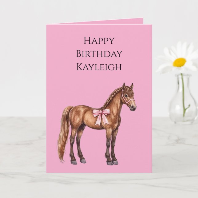Carte Pink Bow Brown Horse with Braid Birthday (Petite plante)