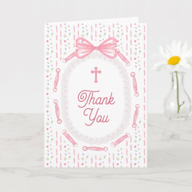 Carte Pink Bow Ribbon Frame Floral Religious Thank You (Petite plante)
