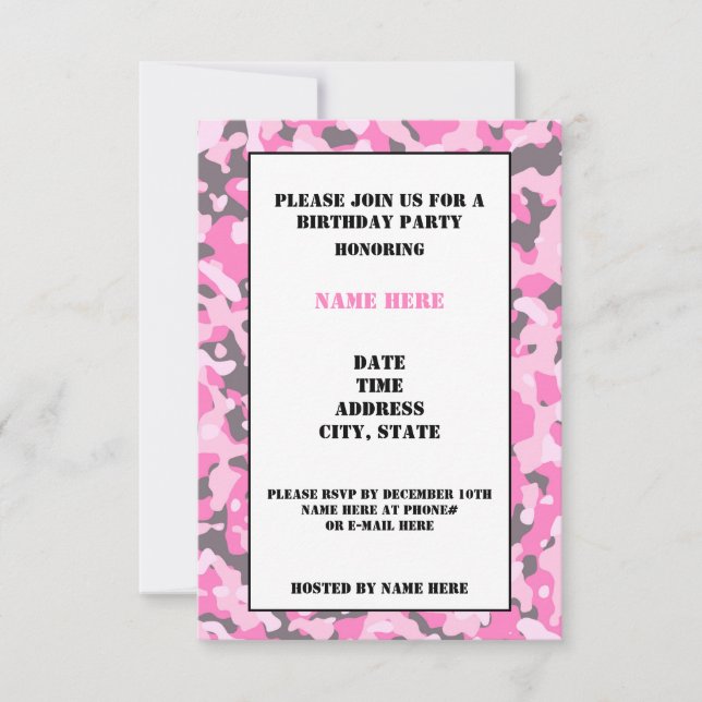 Carte Pink Camouflaged Birthday Party Invitation C (Devant)