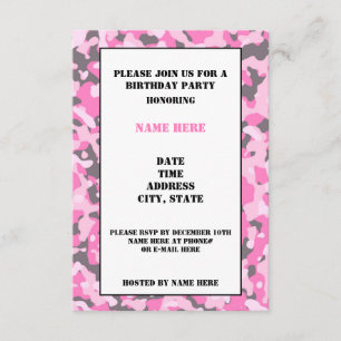 Carte Pink Camouflaged Birthday Party Invitation C