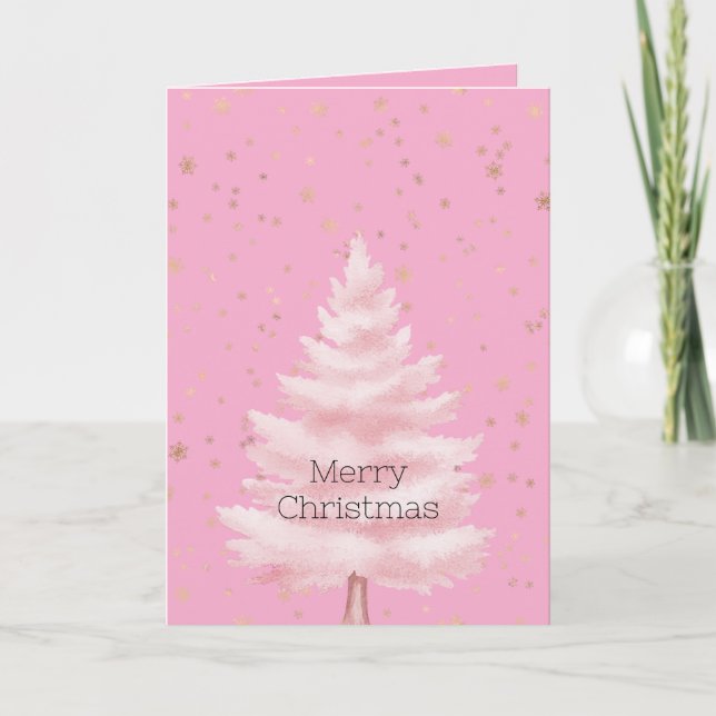 Carte Pink Christmas Tree Gold Snowflakes (Devant)