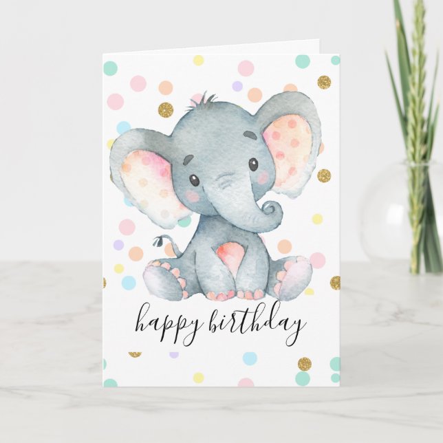Carte Pink Elephant Girls Birthday Polka Dot Glitter Fun (Devant)