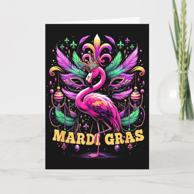 Carte Pink Flamingo Mardi Gras Crown And Beads Mask Carn (Devant)