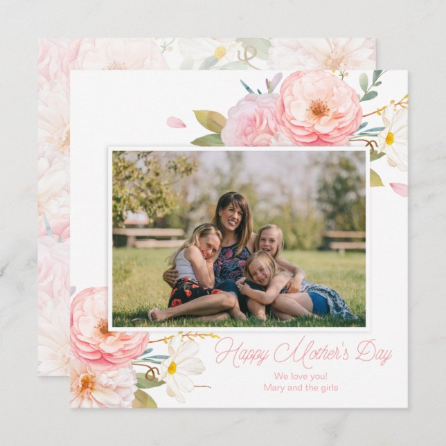 Carte Pink Floral Ajouter photo Fête des Mères (Devant / Derrière)