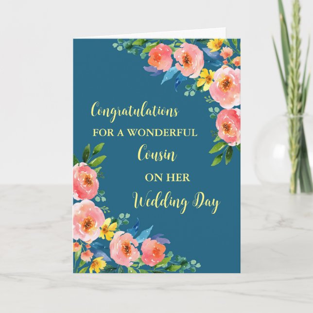 Carte Pink Floral Cousin Mariage Jour Félicitations (Devant)