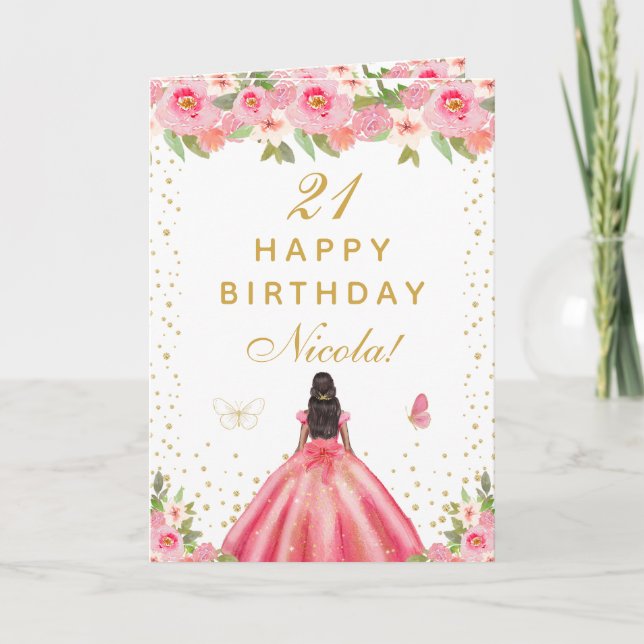 Carte Pink Floral Dark Skin Girl Birthday (Devant)